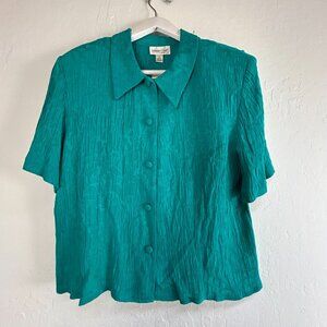 Coldwater Creek Womens Teal Crinkle Button-Up Blouse Size 16 Split Back New $99